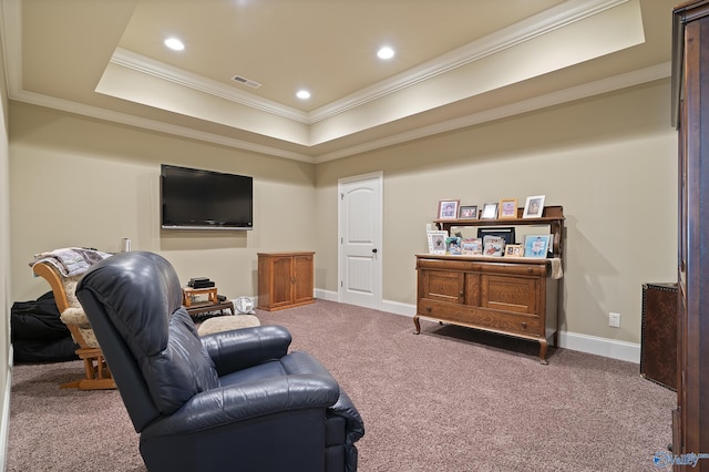 interior space featuring crown molding, recessed lighting, baseboards, a tray ceiling, and visible vents