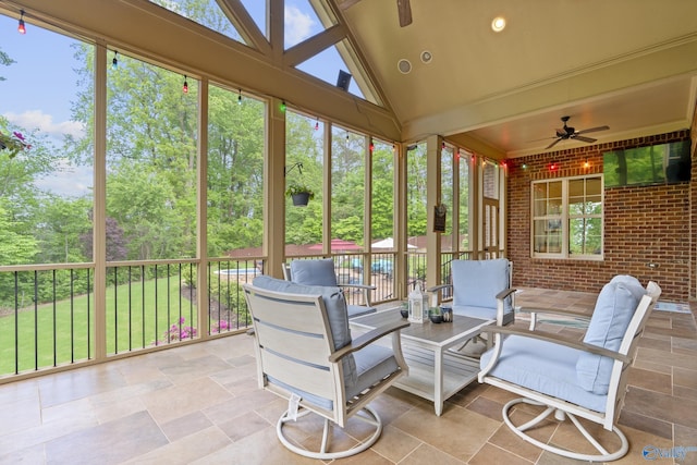 sunroom with an outdoor hangout area and ceiling fan