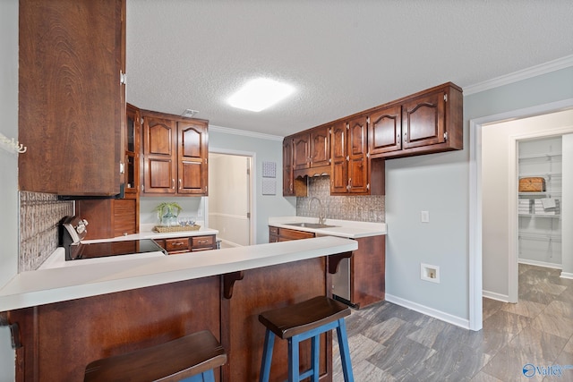 kitchen with sink, range, kitchen peninsula, a breakfast bar area, and ornamental molding