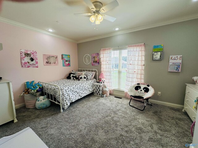 bedroom featuring carpet, ceiling fan, and crown molding