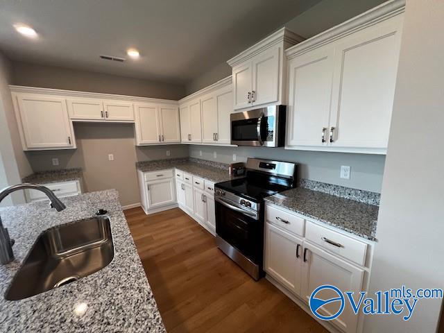 kitchen featuring white cabinets, sink, dark hardwood / wood-style floors, light stone countertops, and stainless steel appliances