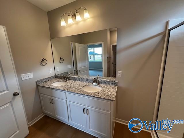 bathroom with hardwood / wood-style floors and vanity