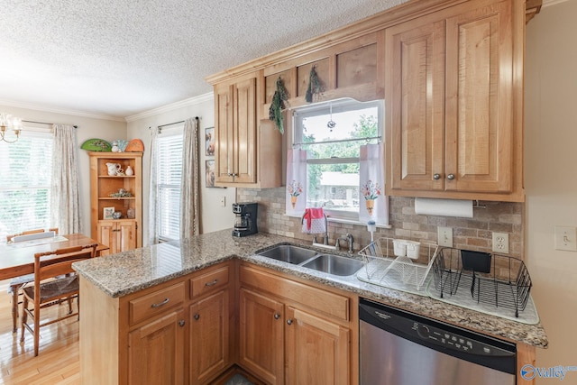 kitchen with sink, stainless steel dishwasher, decorative backsplash, ornamental molding, and kitchen peninsula