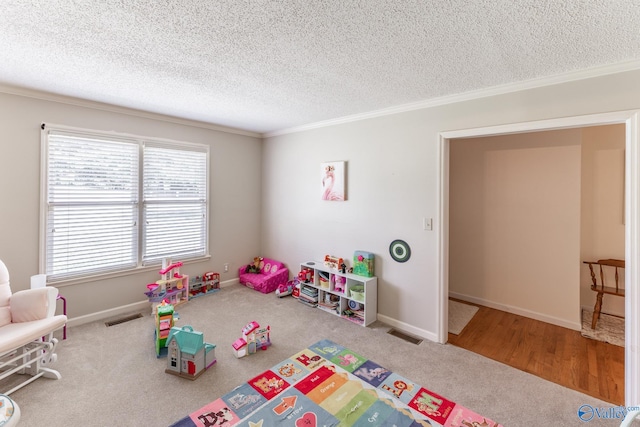 playroom featuring carpet flooring, crown molding, and a textured ceiling