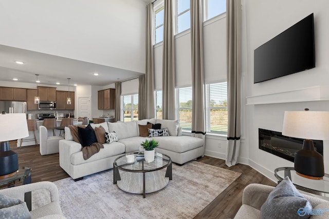 living room with a high ceiling, a healthy amount of sunlight, and dark wood-type flooring