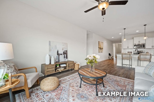 2652 Ajs Arbor Dr NW, Huntsville, AL 35810 - living room featuring recessed lighting, baseboards, ceiling fan, and dark wood-style floors