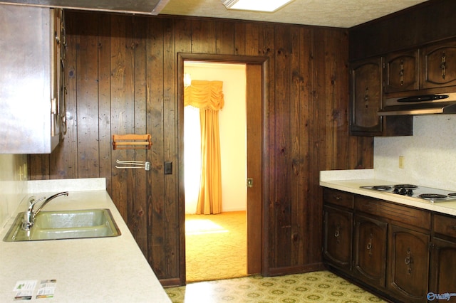 kitchen with white gas cooktop, dark brown cabinetry, sink, wooden walls, and a textured ceiling