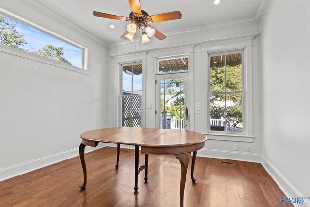 dining room with ceiling fan, crown molding, and hardwood / wood-style floors