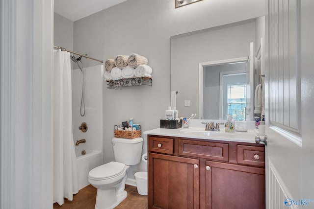 full bathroom with vanity, tile patterned floors, toilet, and shower / tub combo with curtain