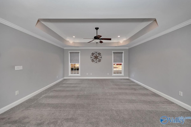 carpeted empty room with ceiling fan, a raised ceiling, and crown molding