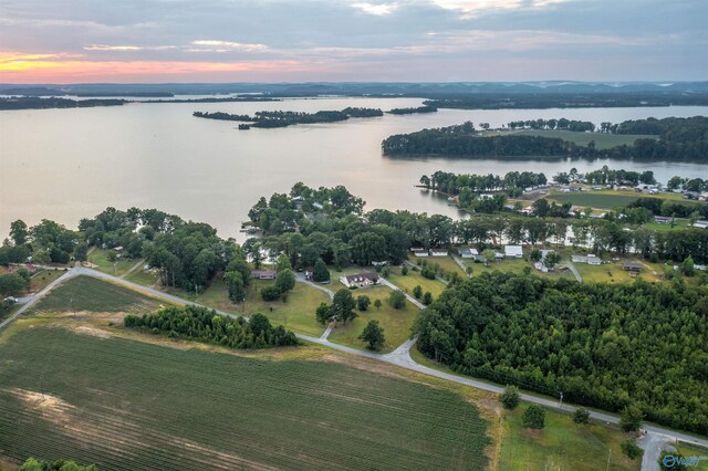 aerial view at dusk featuring a water view