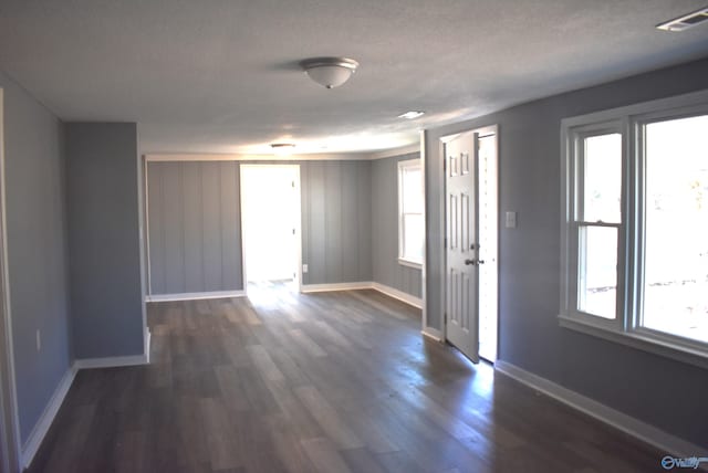 unfurnished room with a textured ceiling, dark hardwood / wood-style flooring, and a wealth of natural light