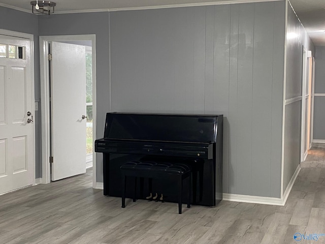 miscellaneous room featuring light hardwood / wood-style flooring and crown molding