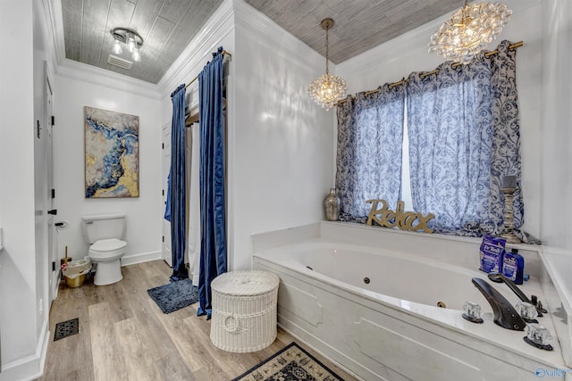 bathroom featuring crown molding, wood-type flooring, a chandelier, and toilet