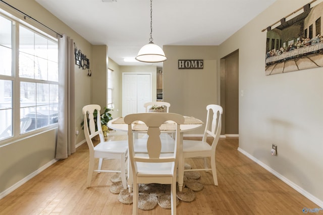 dining area with plenty of natural light and light hardwood / wood-style flooring