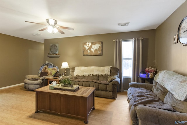 living room featuring ceiling fan and light hardwood / wood-style floors