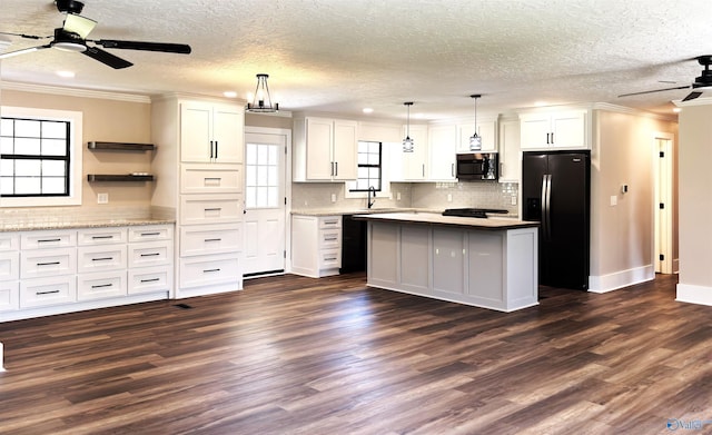 kitchen with open shelves, a ceiling fan, white cabinetry, black appliances, and dark wood-style flooring