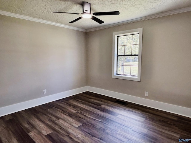 empty room featuring dark wood-type flooring, a textured ceiling, ceiling fan, and crown molding