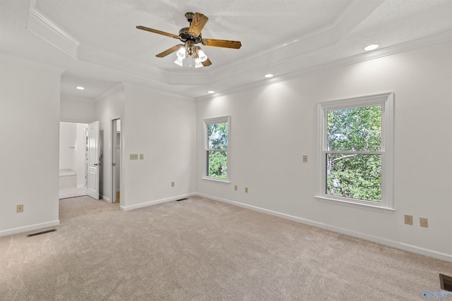 unfurnished room with ornamental molding, ceiling fan, a raised ceiling, and plenty of natural light