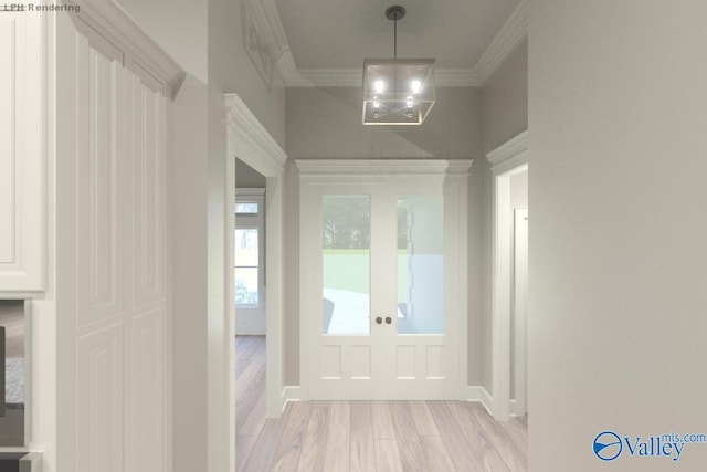 CAMBRIDGEE2 Mallard Dr, Madison, AL 35756 - foyer entrance featuring crown molding, light wood finished floors, french doors, a chandelier, and baseboards