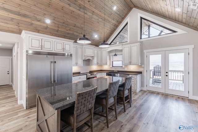 kitchen featuring french doors, dark stone counters, stainless steel appliances, and a healthy amount of sunlight