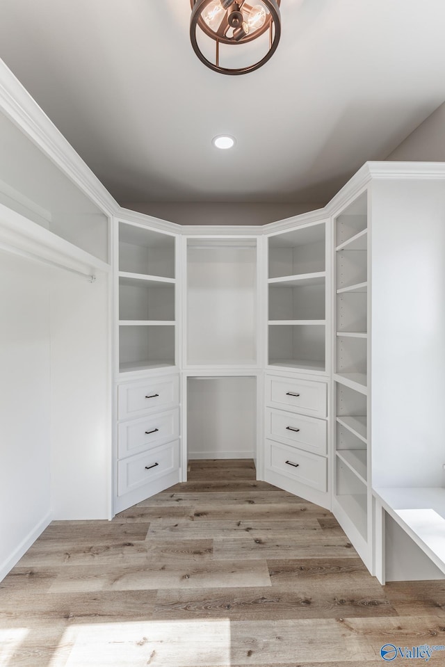 spacious closet with light hardwood / wood-style floors