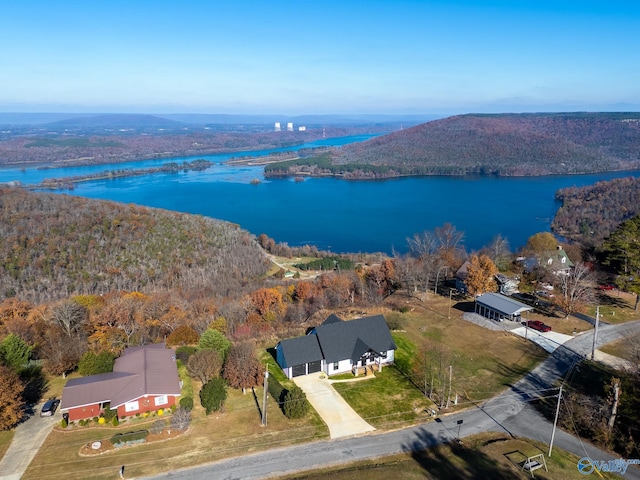 aerial view featuring a water view