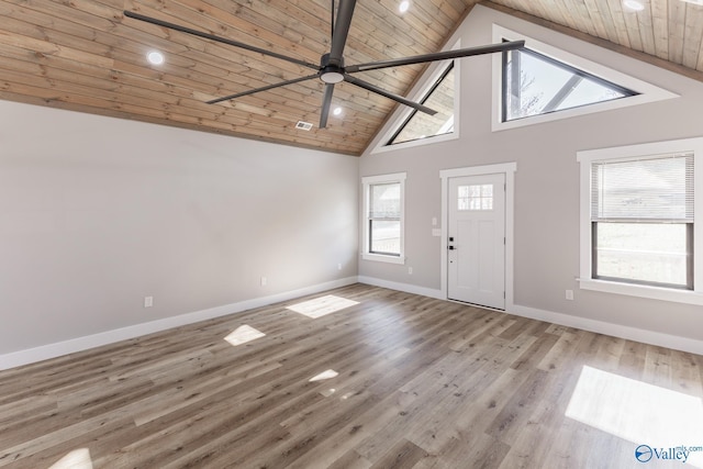 foyer featuring ceiling fan, wood ceiling, high vaulted ceiling, and light hardwood / wood-style flooring