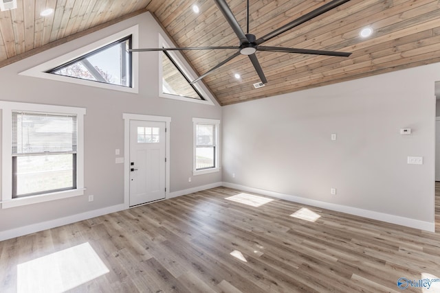 foyer with ceiling fan, light wood-type flooring, wood ceiling, and high vaulted ceiling