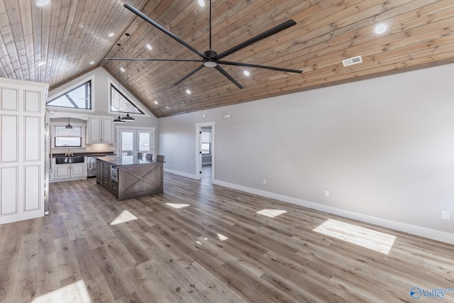 kitchen with high vaulted ceiling, french doors, sink, light hardwood / wood-style floors, and wood ceiling