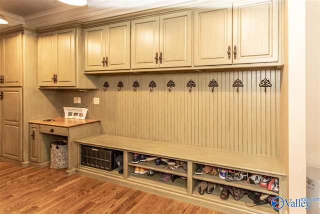 mudroom with light wood-type flooring and ornamental molding