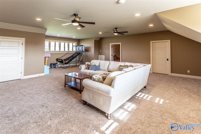 living room featuring ceiling fan, lofted ceiling, and light carpet