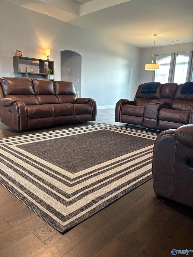 living room with dark hardwood / wood-style floors