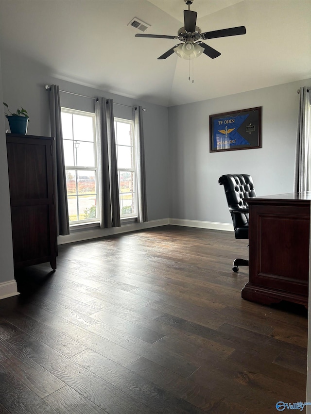 office with dark hardwood / wood-style flooring, ceiling fan, and lofted ceiling