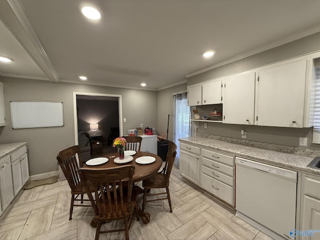 kitchen with recessed lighting, white cabinets, light countertops, ornamental molding, and dishwasher