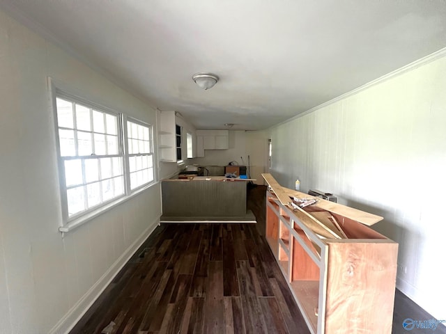 corridor featuring ornamental molding and dark hardwood / wood-style floors