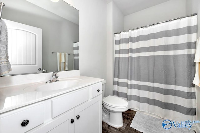 bathroom with vanity, toilet, and wood finished floors