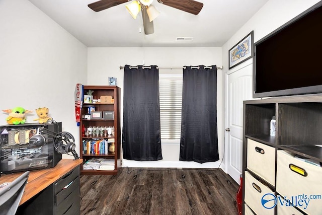 home office with a ceiling fan, visible vents, and dark wood-style flooring