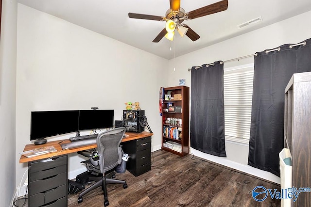 home office featuring a ceiling fan, dark wood-style flooring, visible vents, and baseboards