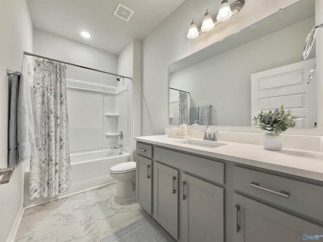 211 Shangrila Way, Meridianville, AL 35759 - bathroom with marble look tiles, vanity, shower / tub combo, toilet, and recessed lighting