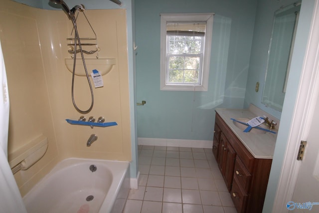 bathroom with tile patterned flooring, vanity, and bathing tub / shower combination