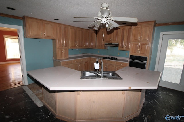 kitchen featuring sink, oven, plenty of natural light, and a center island with sink