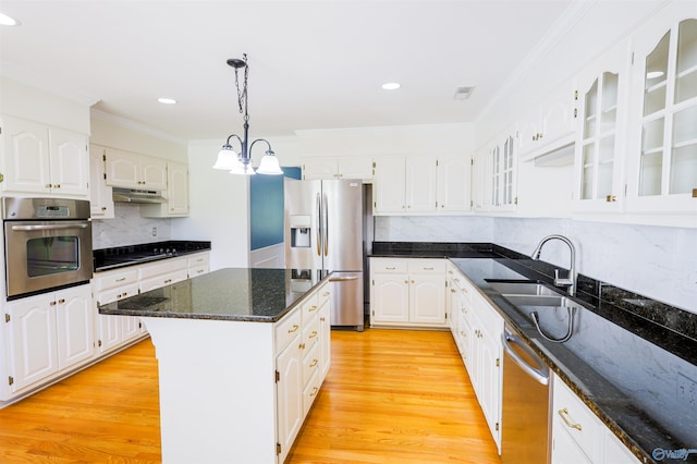 kitchen featuring stainless steel appliances, a sink, ornamental molding, under cabinet range hood, and light wood finished floors