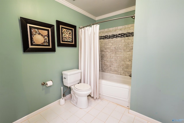 bathroom featuring baseboards, toilet, tile patterned floors, shower / tub combo, and ornamental molding