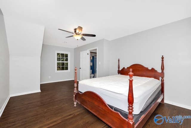 bedroom featuring dark hardwood / wood-style flooring and ceiling fan