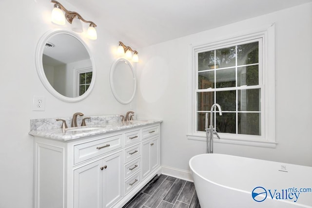 bathroom featuring wood-type flooring, vanity, and a bath