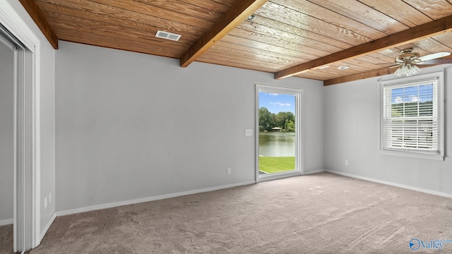 919 Colquitt Rd, Gadsden, AL 35903 - spare room with a wood ceiling with exposed beams, carpet flooring, a ceiling fan, and a water view