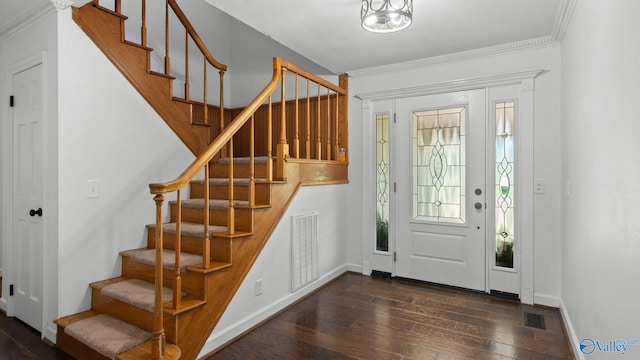 919 Colquitt Rd, Gadsden, AL 35903 - entryway featuring stairway, hardwood / wood-style floors, and ornamental molding