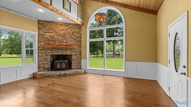 919 Colquitt Rd, Gadsden, AL 35903 - unfurnished living room with a wainscoted wall, wood finished floors, vaulted ceiling, a wood stove, and wooden ceiling