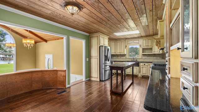 919 Colquitt Rd, Gadsden, AL 35903 - kitchen featuring cream cabinetry, wood ceiling, stainless steel refrigerator with ice dispenser, a chandelier, and healthy amount of natural light